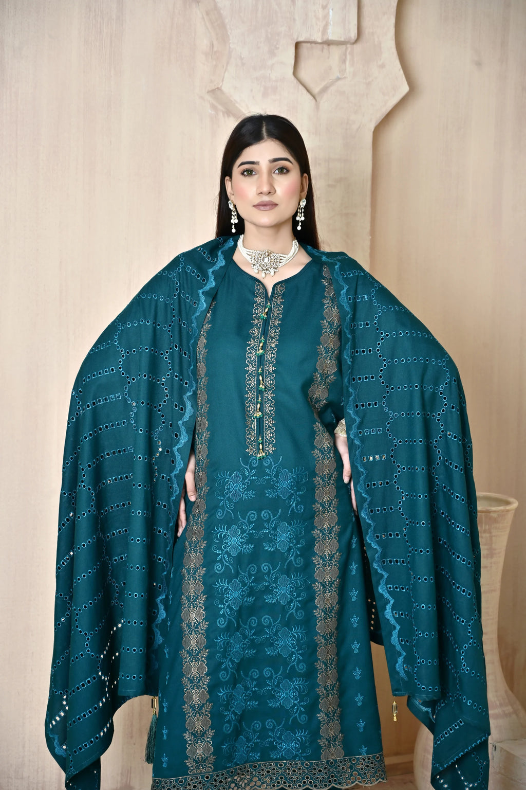 Teal 3-Piece Embroidered Dhanak Suit