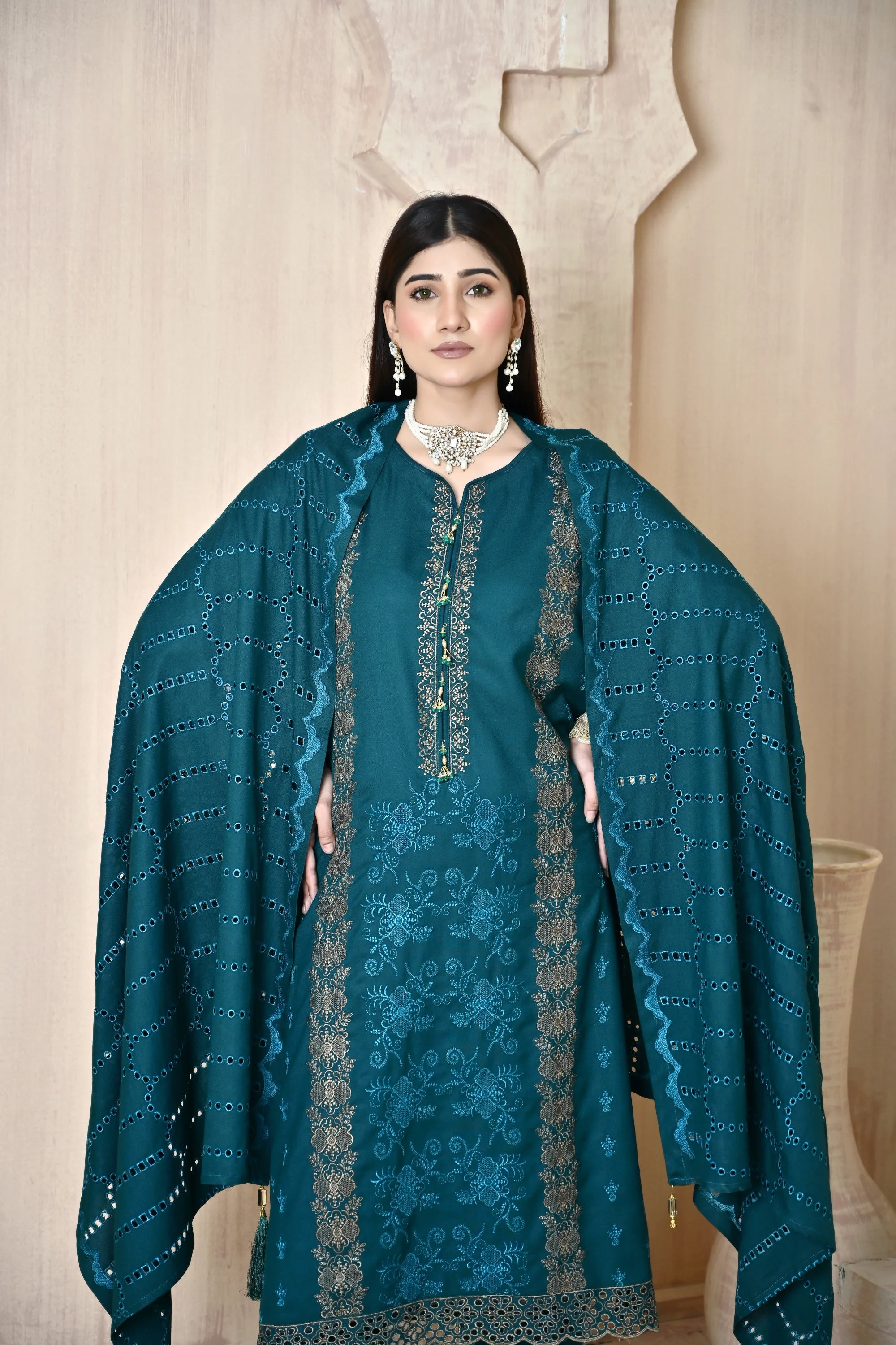 Teal 3-Piece Embroidered Dhanak Suit