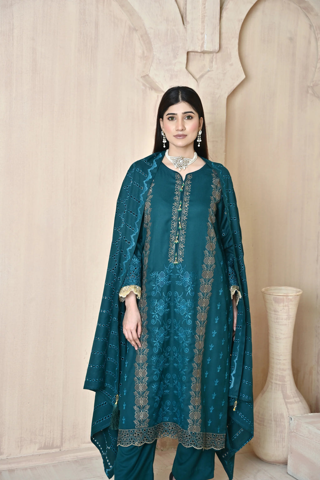 Teal 3-Piece Embroidered Dhanak Suit