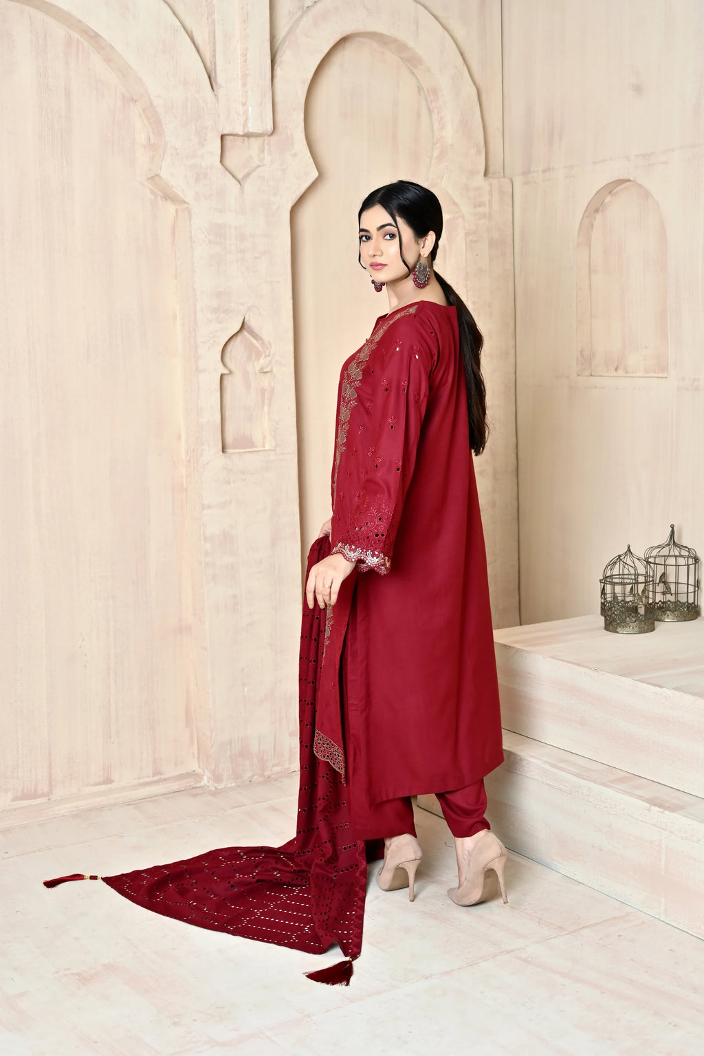 Maroon 3-Piece Embroidered Dhanak Suit
