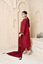 Maroon 3-Piece Embroidered Dhanak Suit