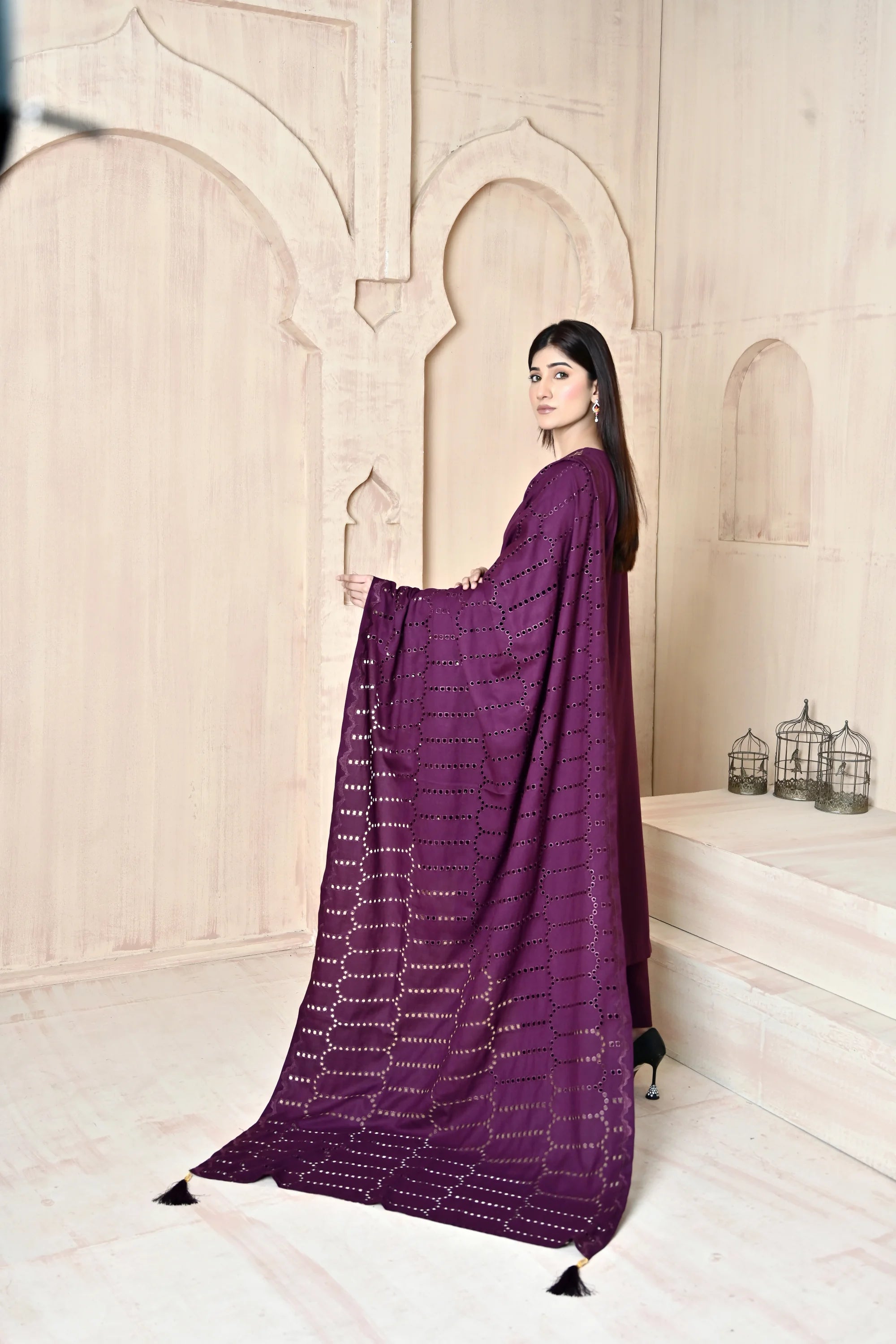 Deep Purple 3-Piece Embroidered Dhanak Suit