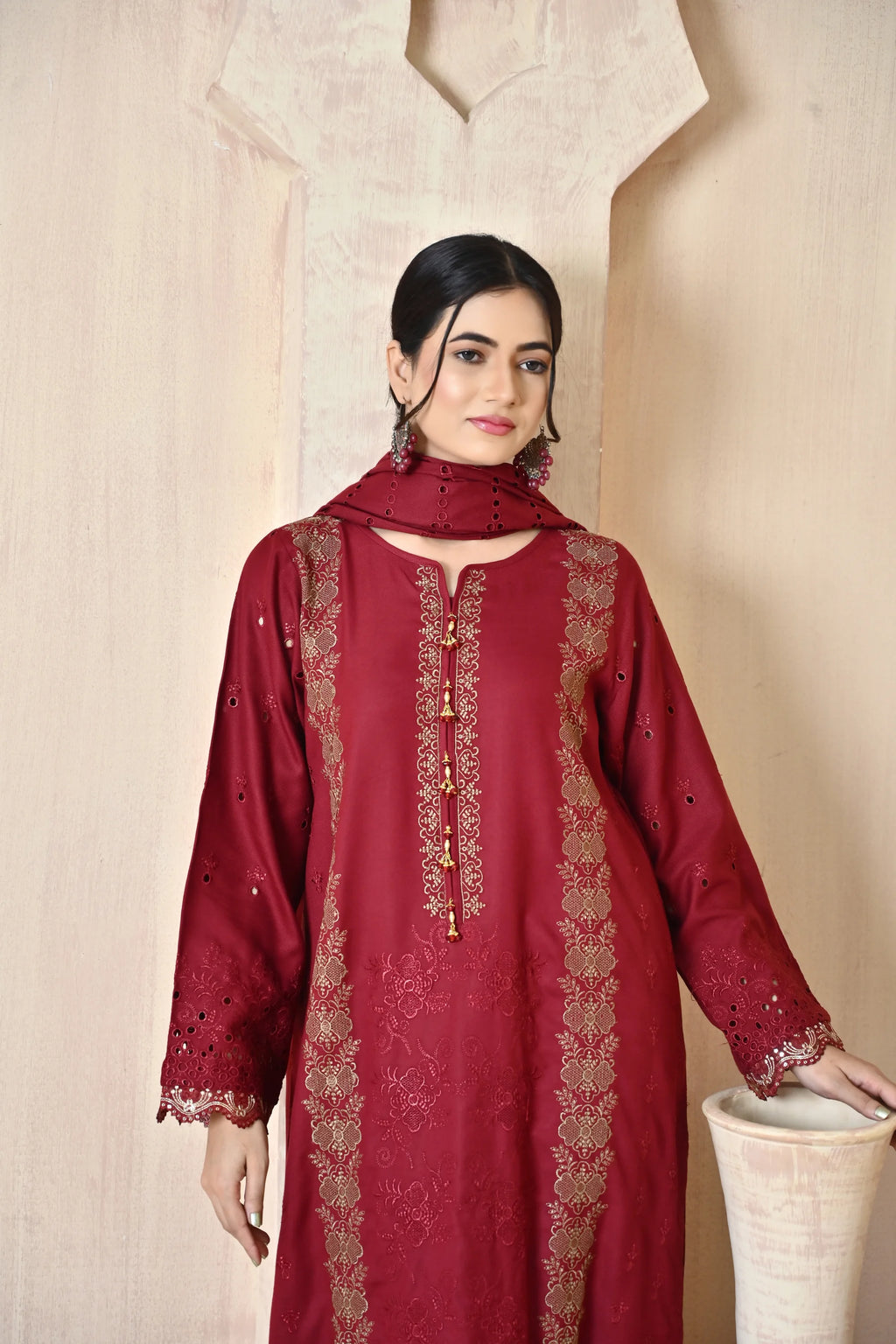 Maroon 3-Piece Embroidered Dhanak Suit