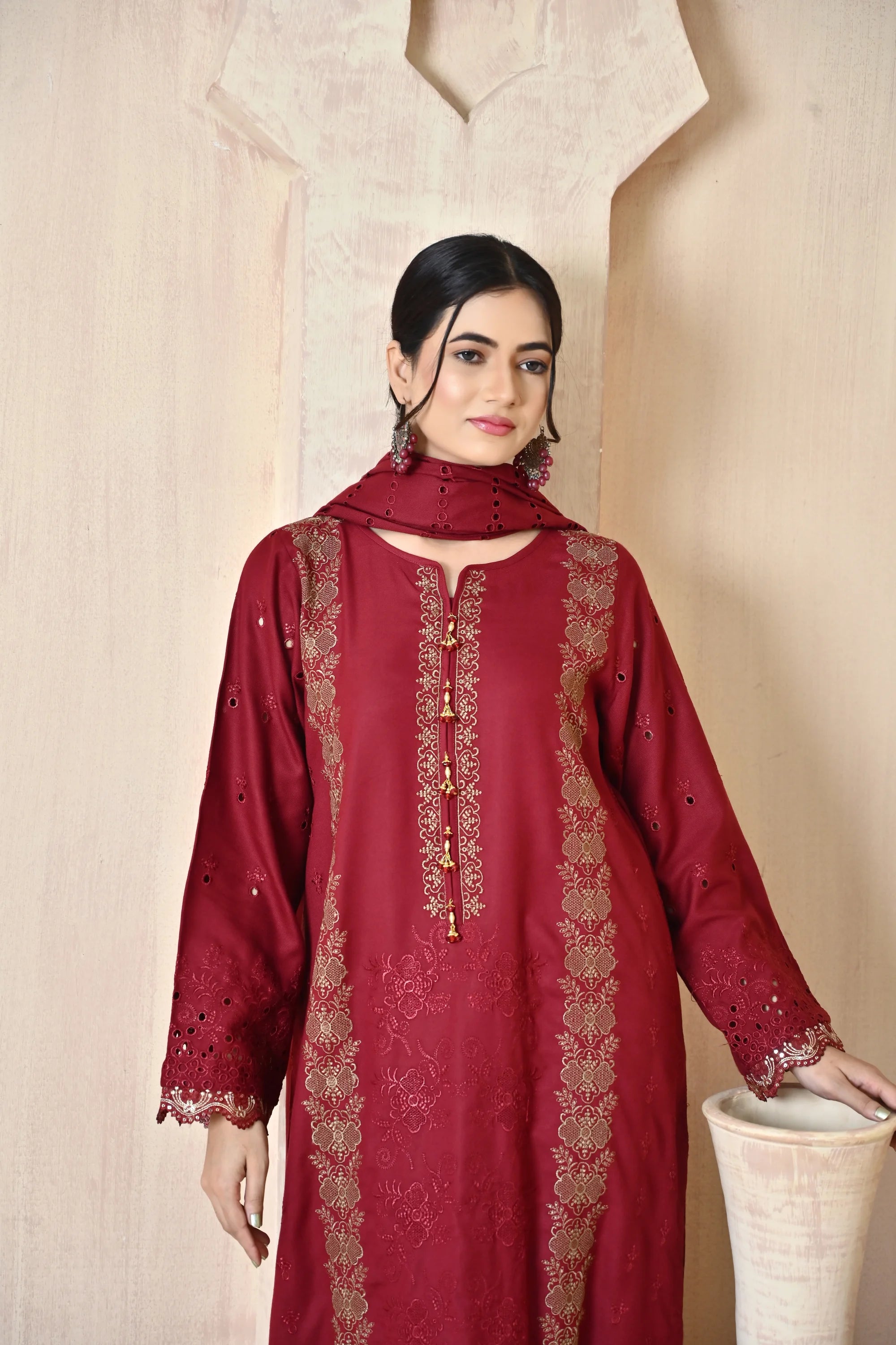 Maroon 3-Piece Embroidered Dhanak Suit