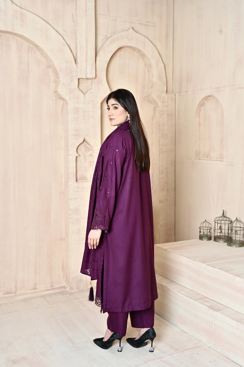 Deep Purple 3-Piece Embroidered Dhanak Suit