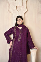 Deep Purple 3-Piece Embroidered Dhanak Suit