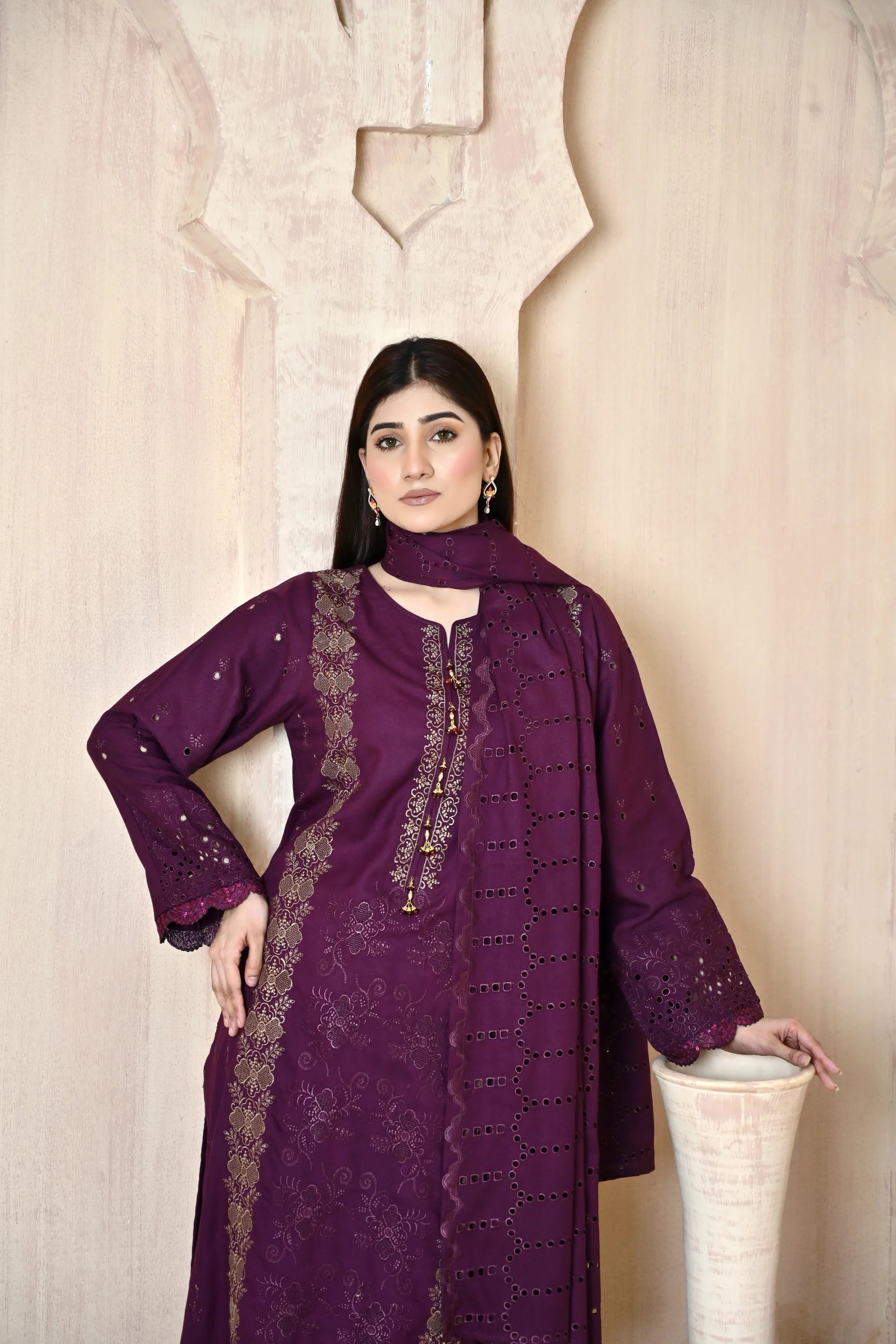 Deep Purple 3-Piece Embroidered Dhanak Suit