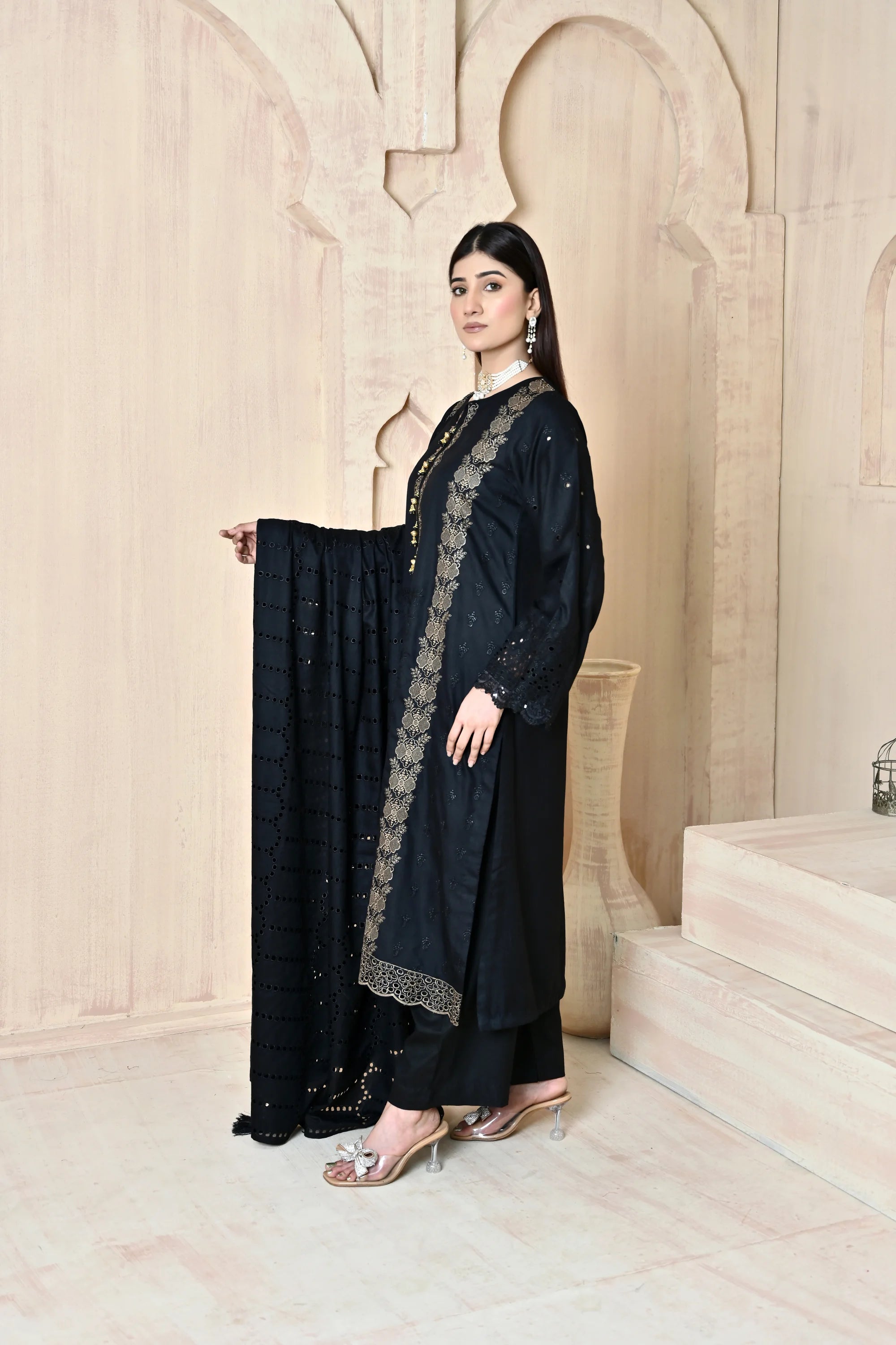Classic Black 3-Piece Embroidered Dhanak Suit