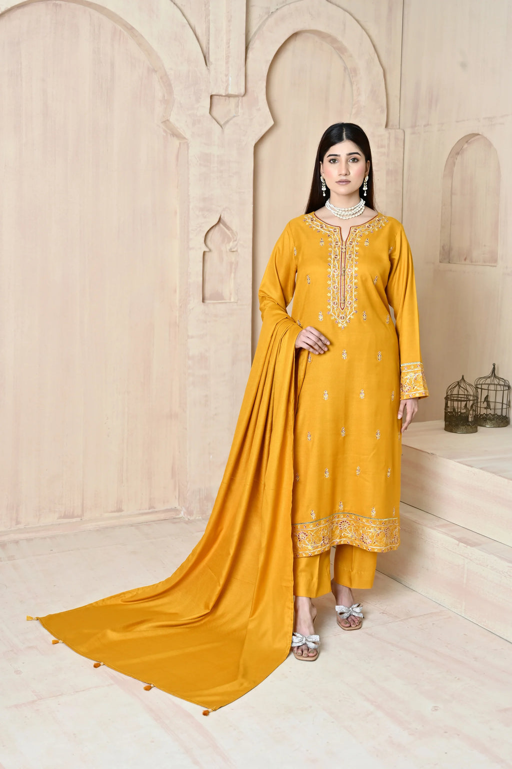 Marigold 3-Piece Embroidered Dhanak Suit