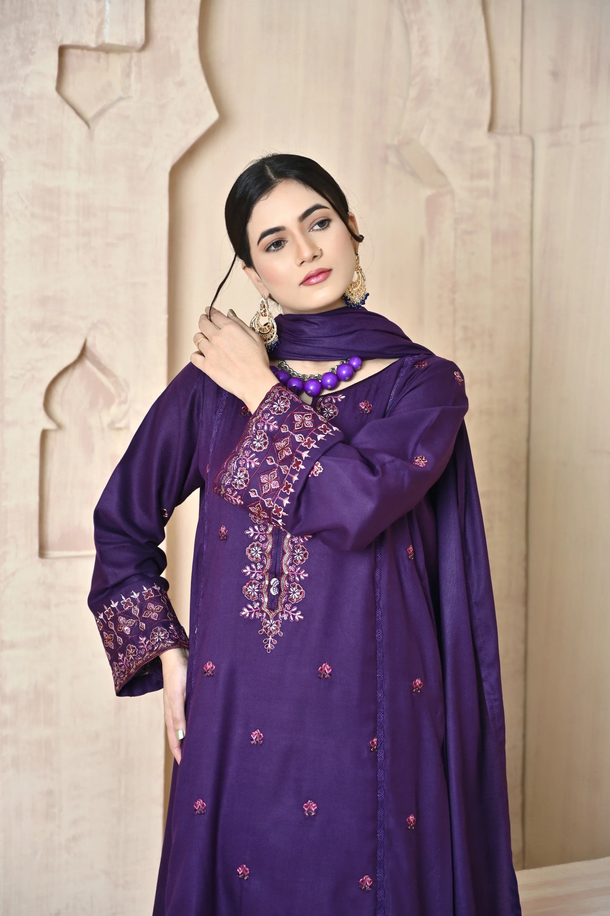 Royal Purple 3-Piece Embroidered Dhanak Suit