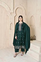 Forest Green 3-Piece Embroidered Dhanak Suit