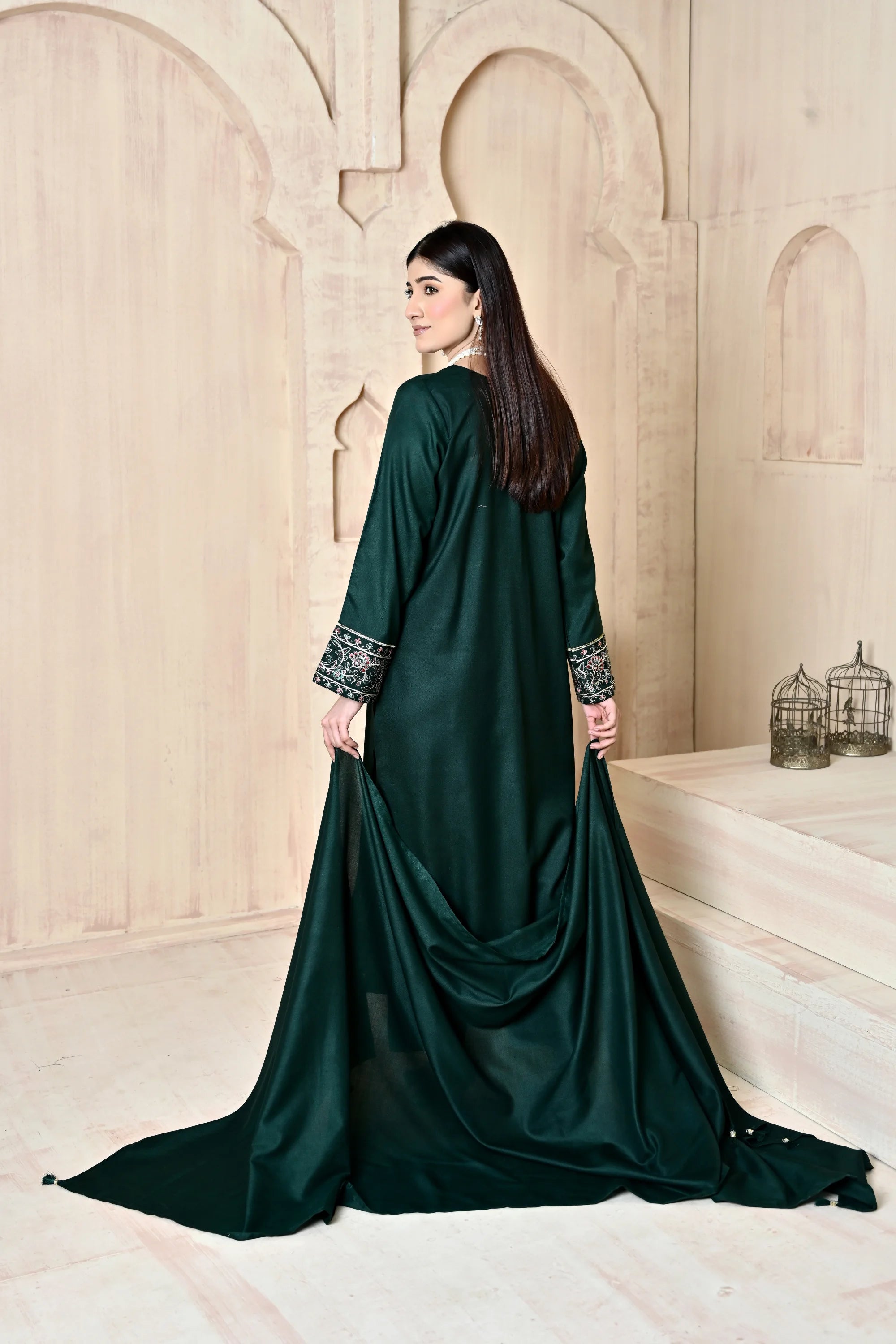 Forest Green 3-Piece Embroidered Dhanak Suit