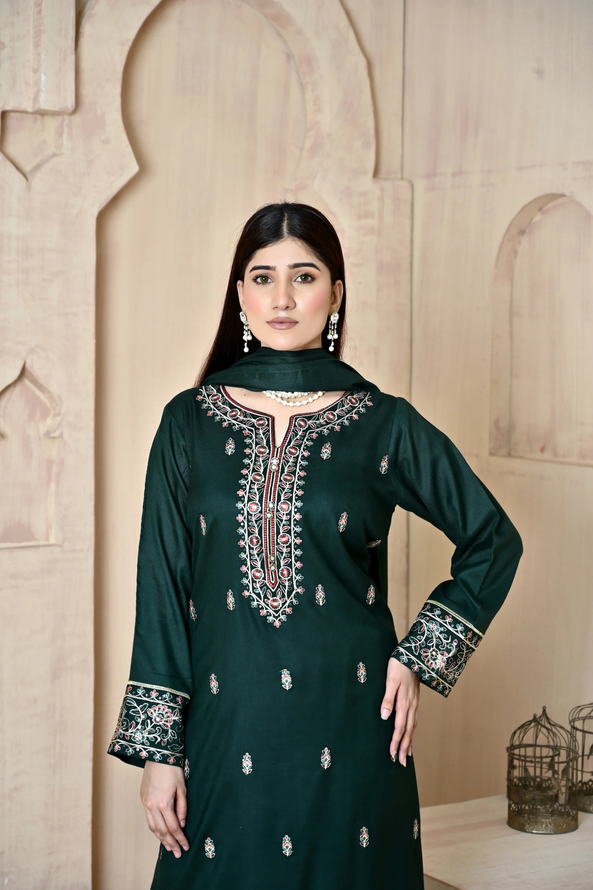 Forest Green 3-Piece Embroidered Dhanak Suit