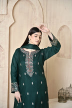 Forest Green 3-Piece Embroidered Dhanak Suit