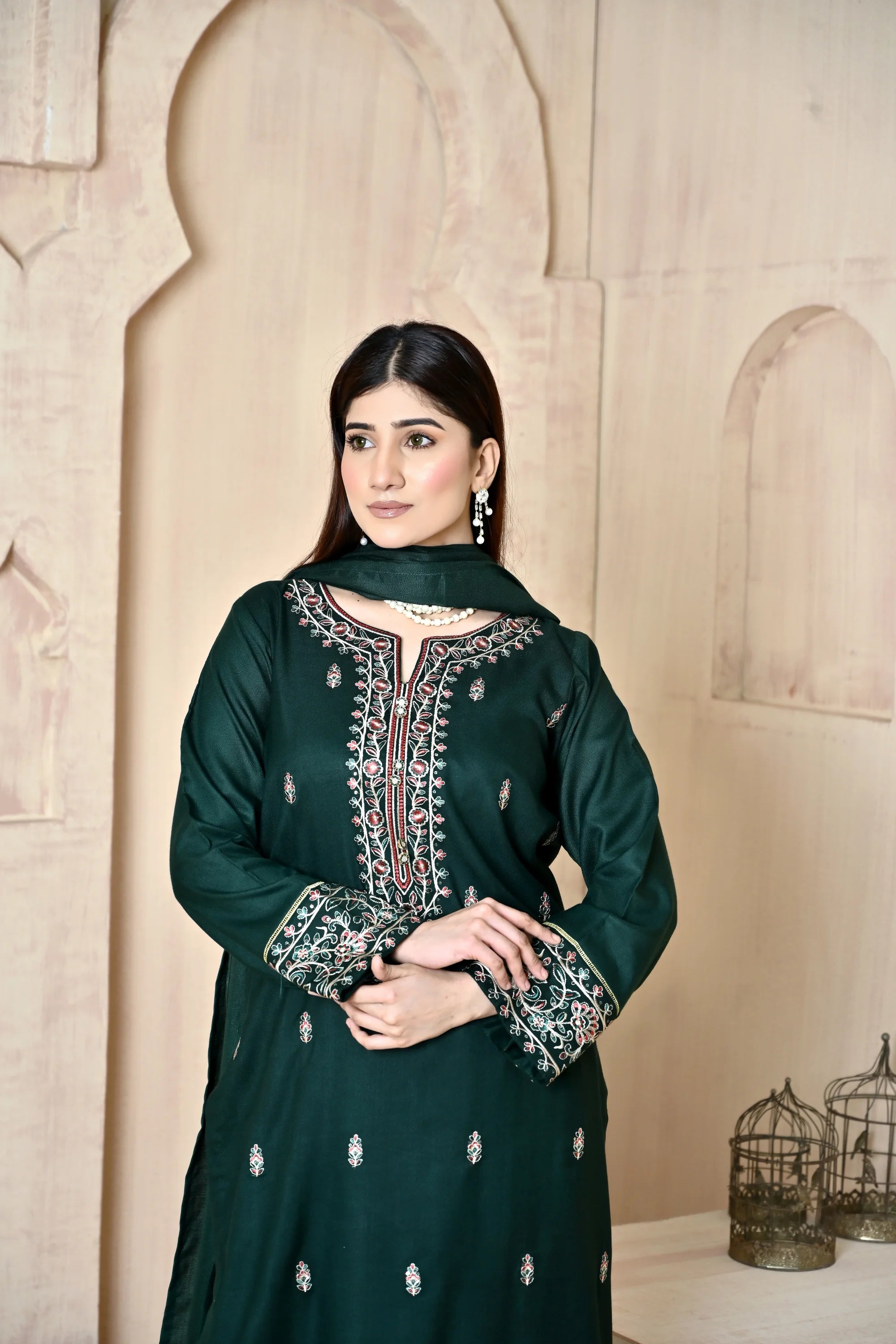 Forest Green 3-Piece Embroidered Dhanak Suit