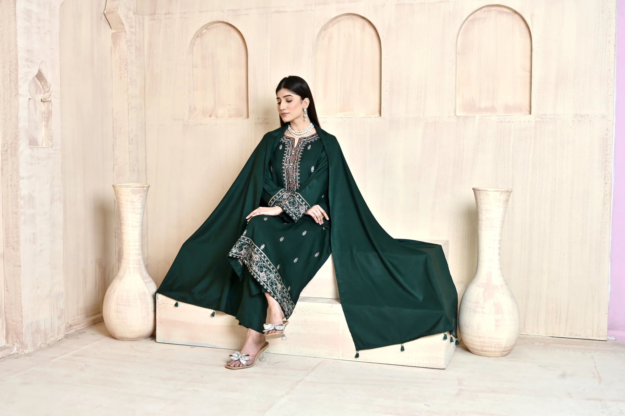 Forest Green 3-Piece Embroidered Dhanak Suit