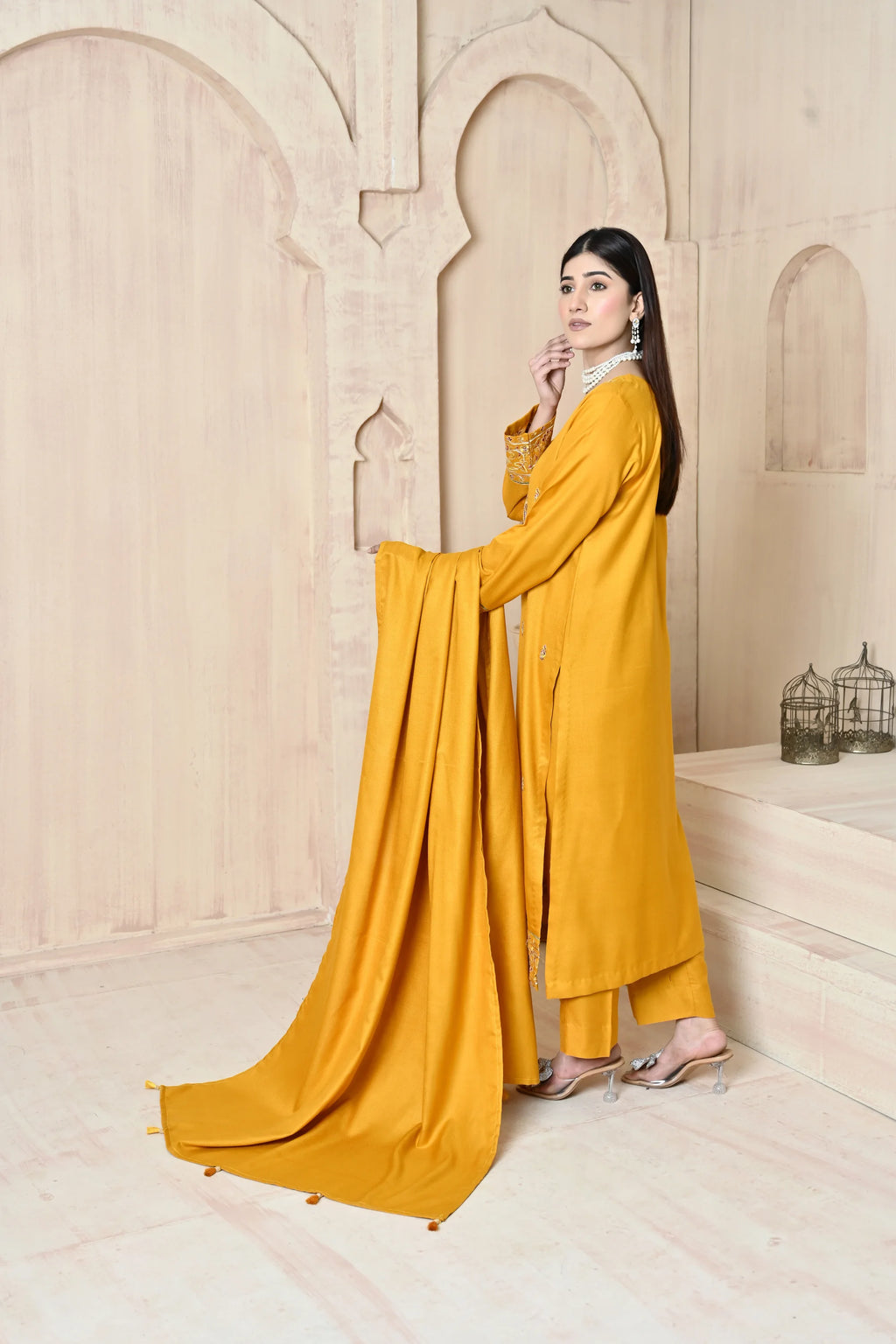 Marigold 3-Piece Embroidered Dhanak Suit