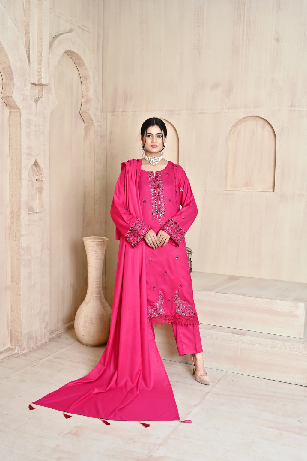 Deep Fuchsia 3-Piece Embroidered Dhanak Suit