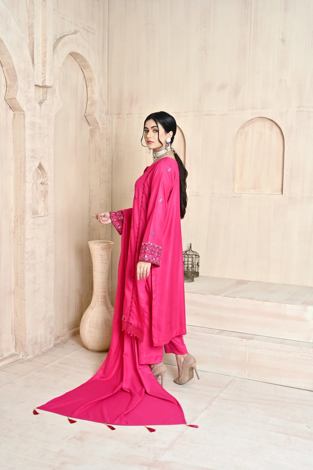 Deep Fuchsia 3-Piece Embroidered Dhanak Suit