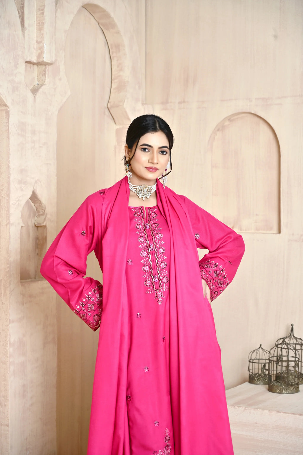 Deep Fuchsia 3-Piece Embroidered Dhanak Suit
