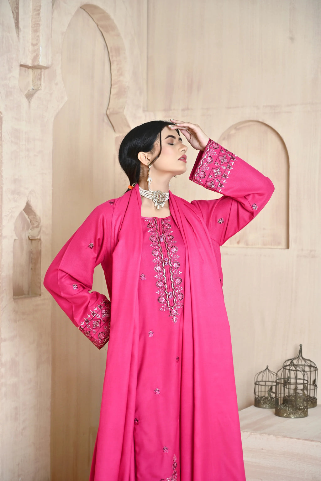 Deep Fuchsia 3-Piece Embroidered Dhanak Suit
