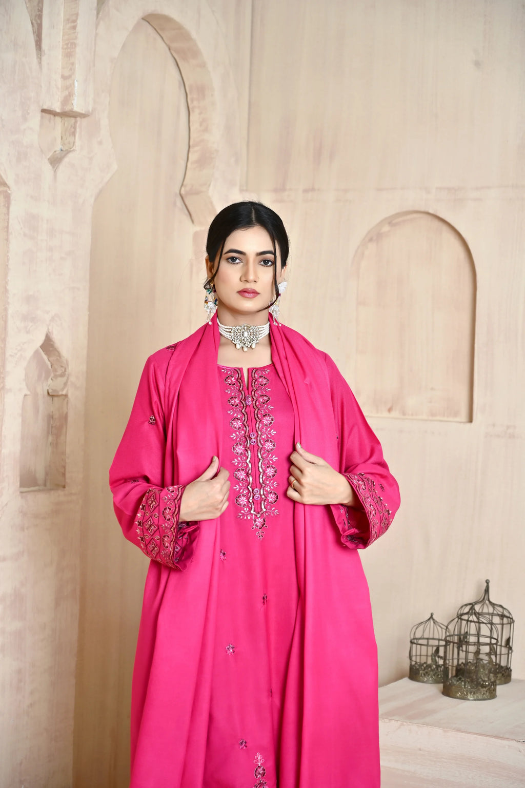 Deep Fuchsia 3-Piece Embroidered Dhanak Suit