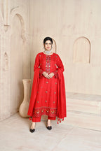 Classic Red 3-Piece Embroidered Dhanak Suit