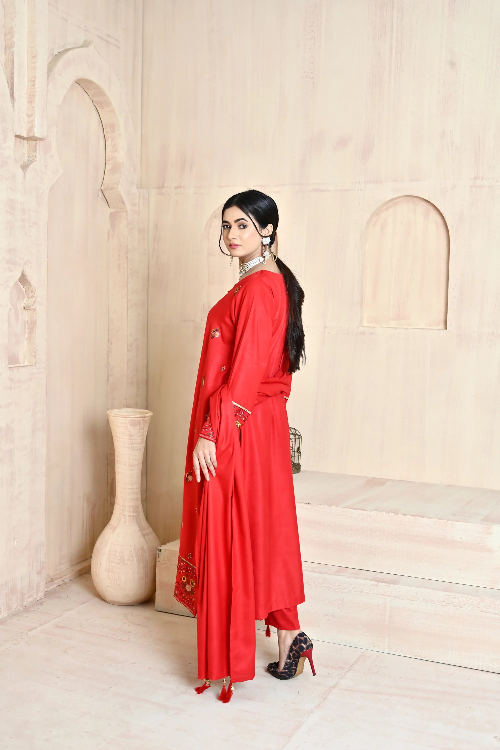 Classic Red 3-Piece Embroidered Dhanak Suit