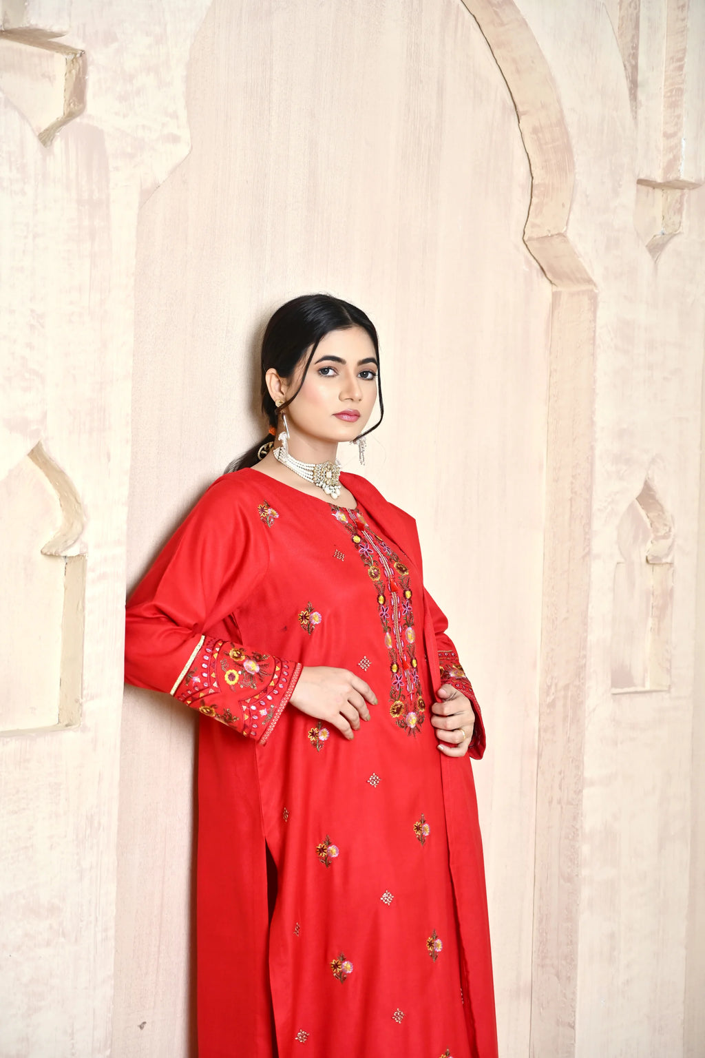 Classic Red 3-Piece Embroidered Dhanak Suit