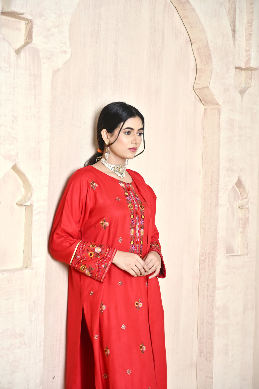Classic Red 3-Piece Embroidered Dhanak Suit