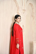 Classic Red 3-Piece Embroidered Dhanak Suit