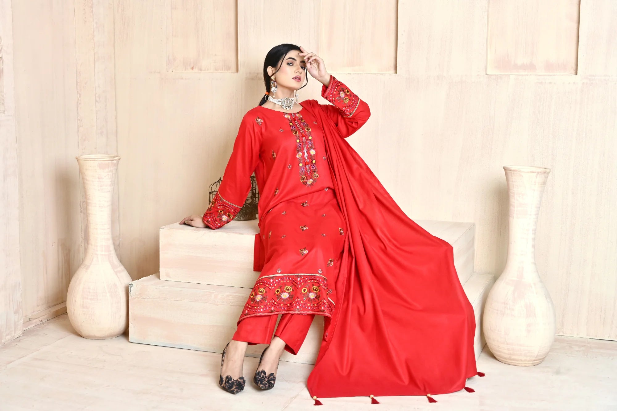 Classic Red 3-Piece Embroidered Dhanak Suit
