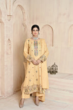 Pale Yellow 3-Piece Embroidered Dhanak Suit