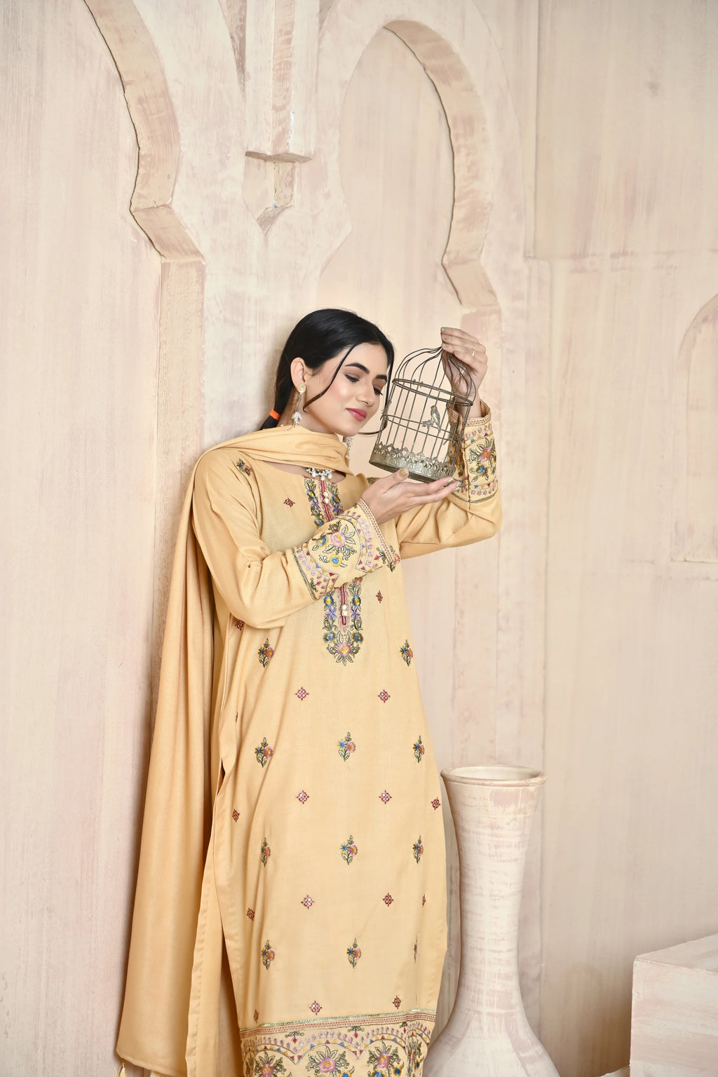 Pale Yellow 3-Piece Embroidered Dhanak Suit