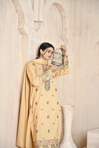 Pale Yellow 3-Piece Embroidered Dhanak Suit