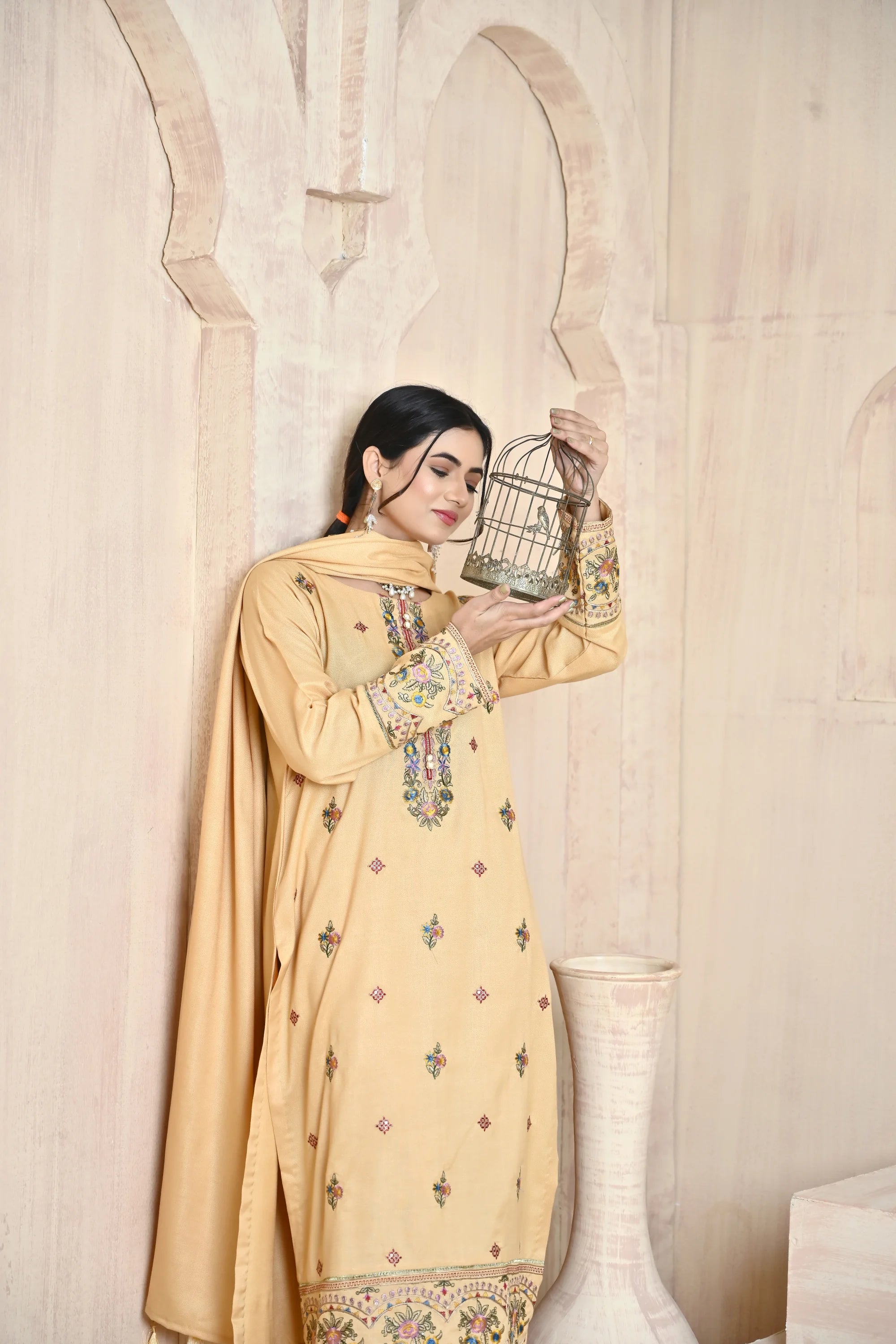 Pale Yellow 3-Piece Embroidered Dhanak Suit