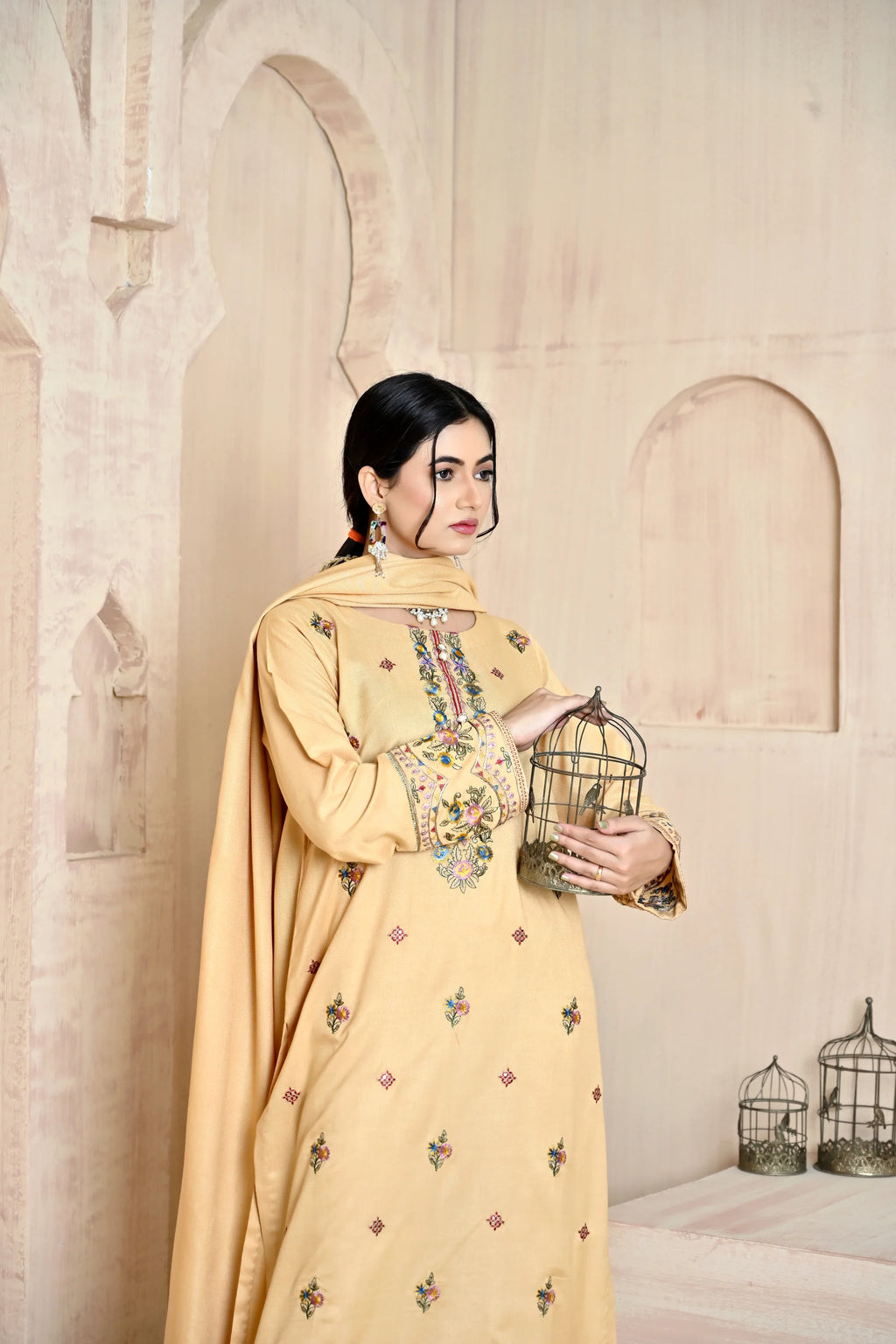 Pale Yellow 3-Piece Embroidered Dhanak Suit