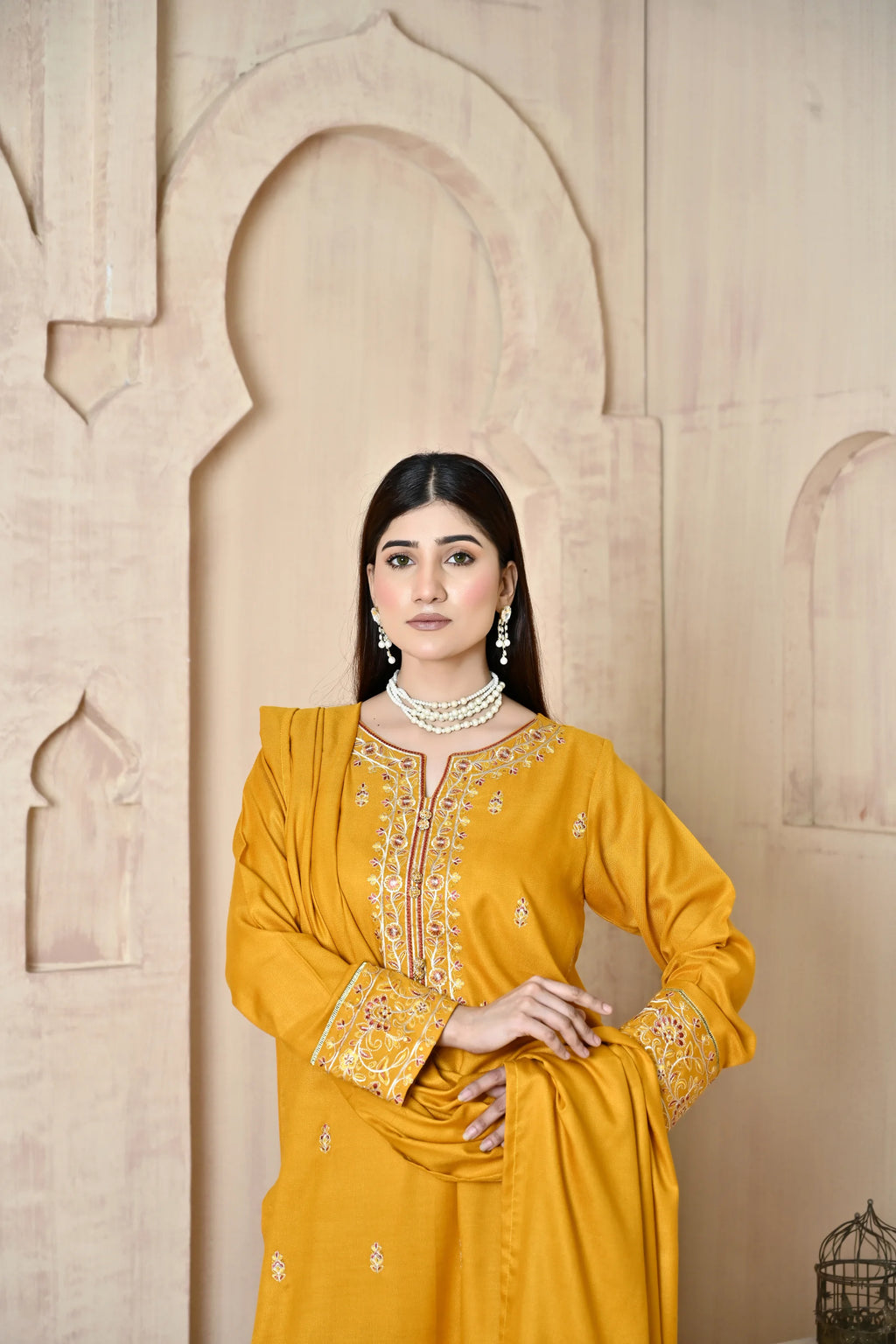 Marigold 3-Piece Embroidered Dhanak Suit