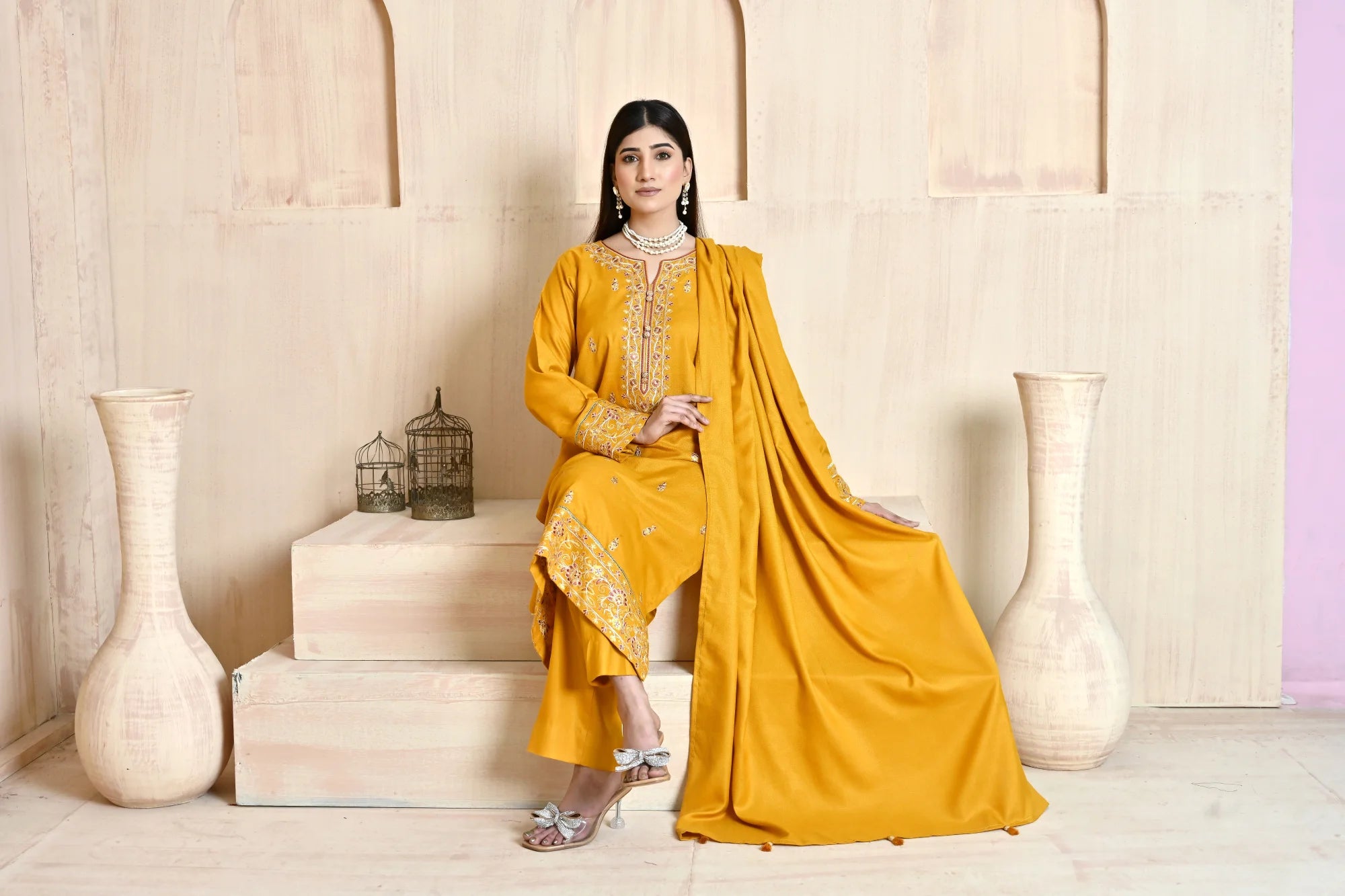 Marigold 3-Piece Embroidered Dhanak Suit