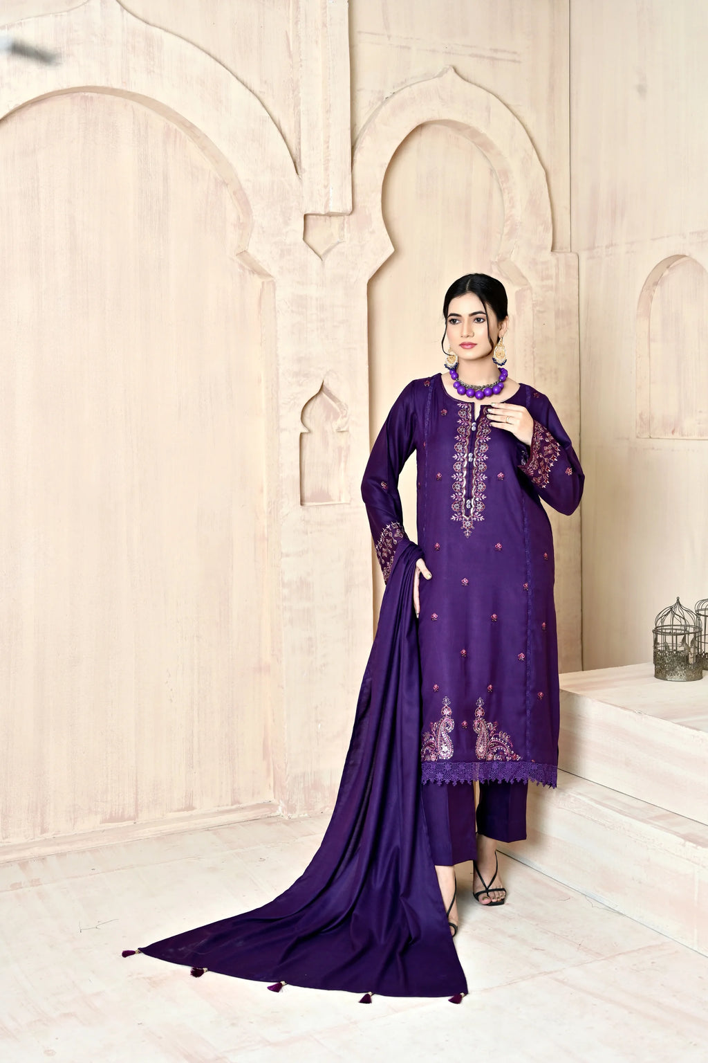 Royal Purple 3-Piece Embroidered Dhanak Suit