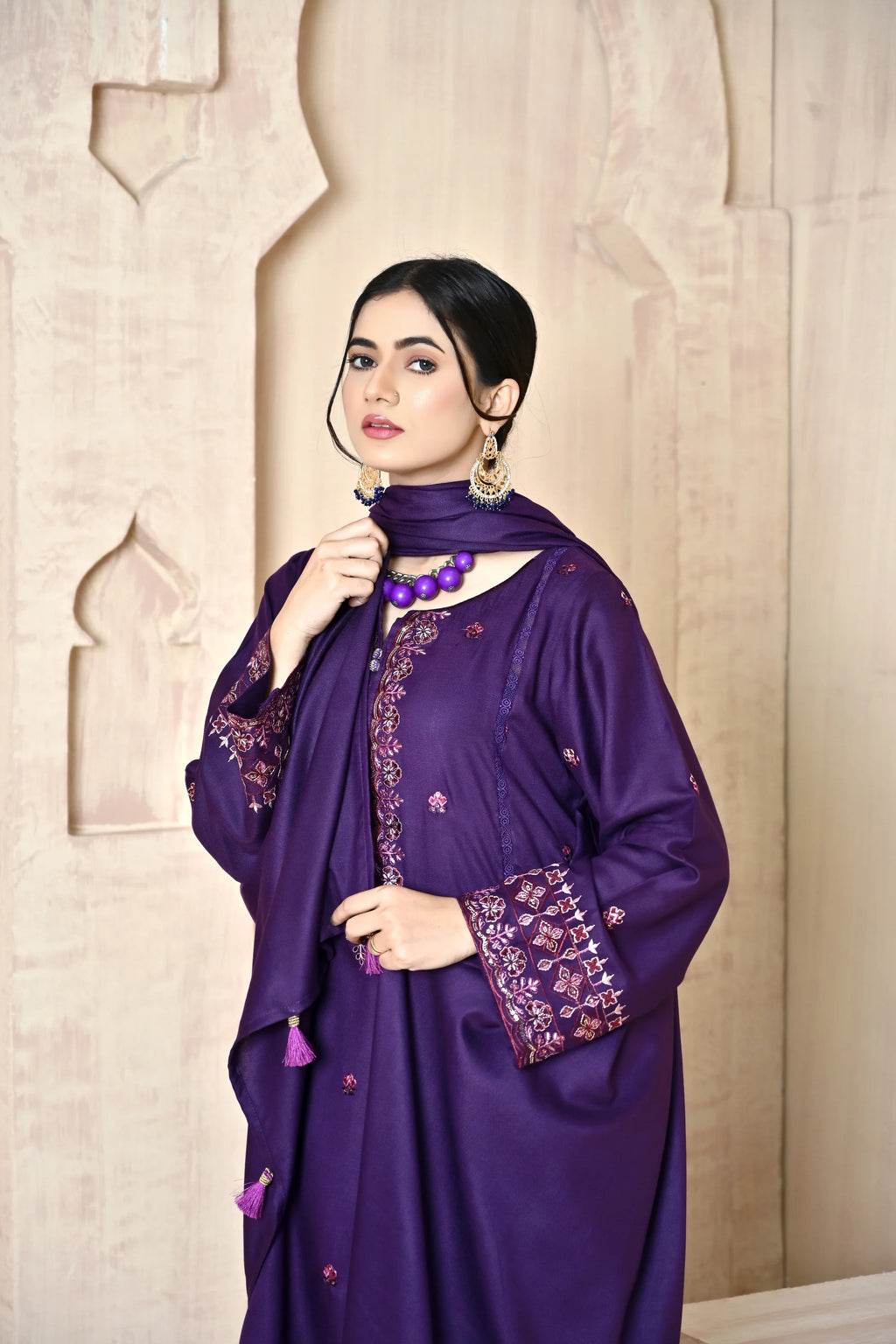 Royal Purple 3-Piece Embroidered Dhanak Suit