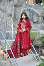 Wine Red 3-Piece Embroidered Khaddar Suit
