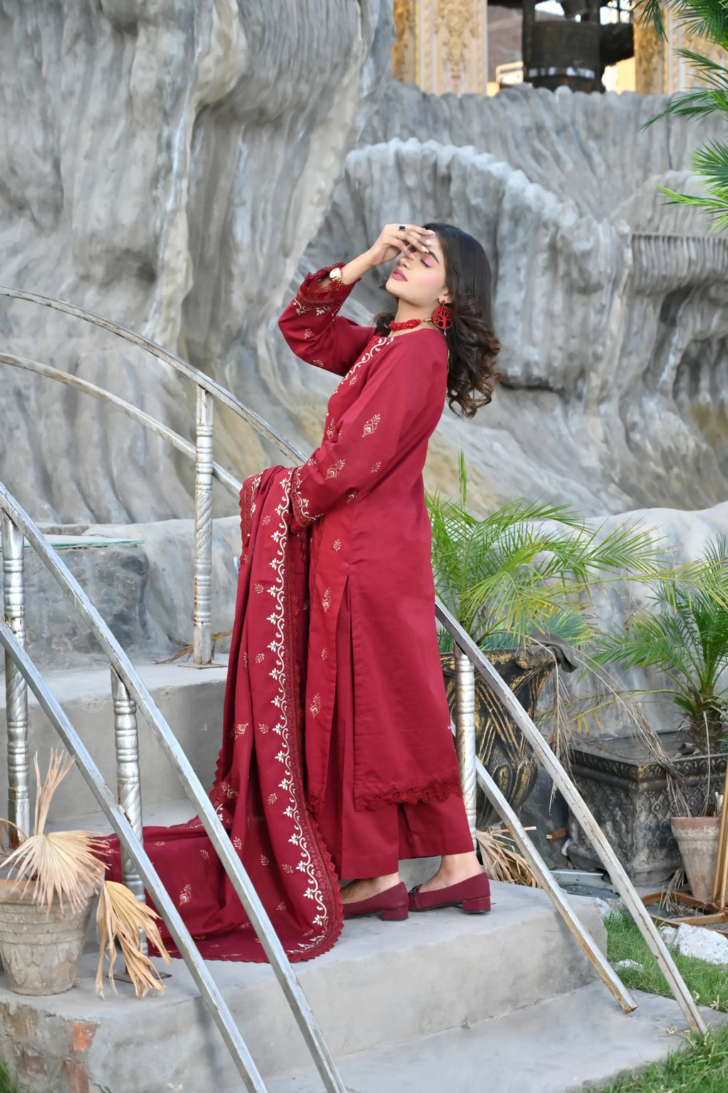 Wine Red 3-Piece Embroidered Khaddar Suit