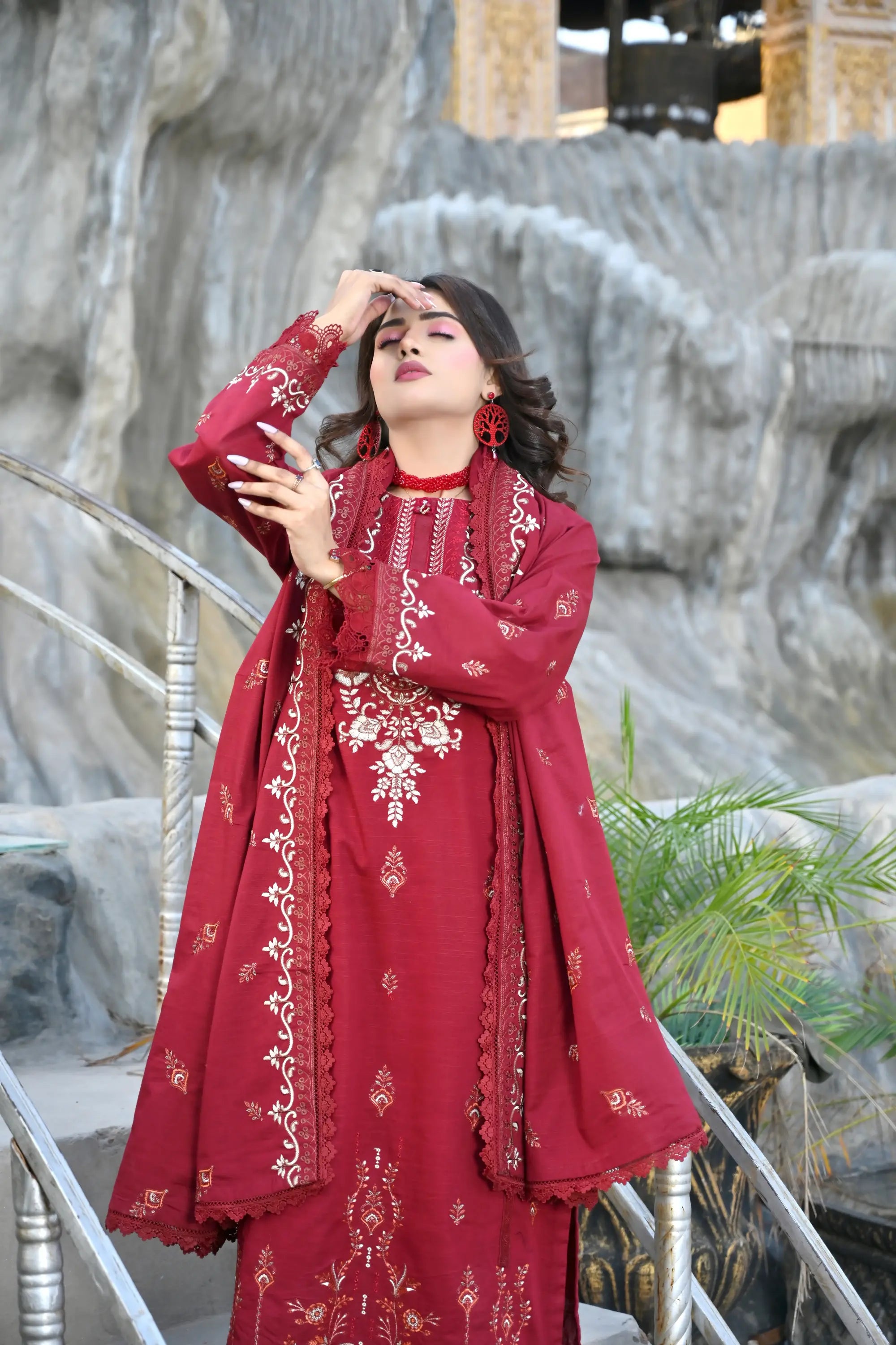 Wine Red 3-Piece Embroidered Khaddar Suit