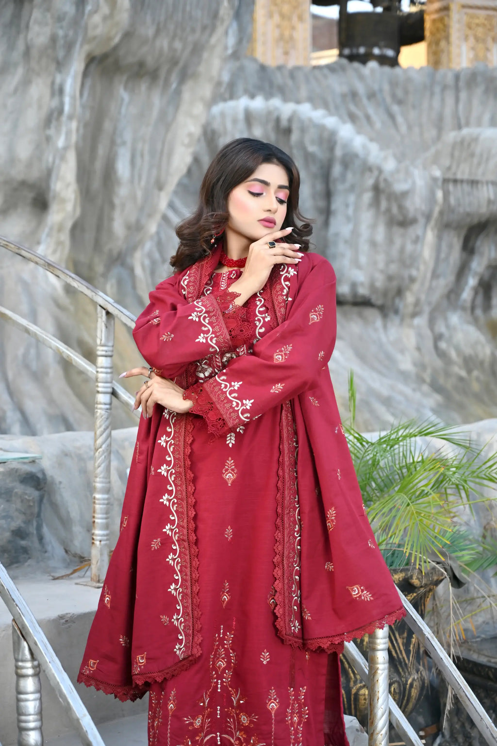 Wine Red 3-Piece Embroidered Khaddar Suit