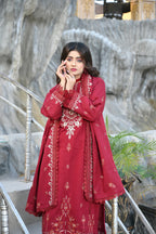 Wine Red 3-Piece Embroidered Khaddar Suit