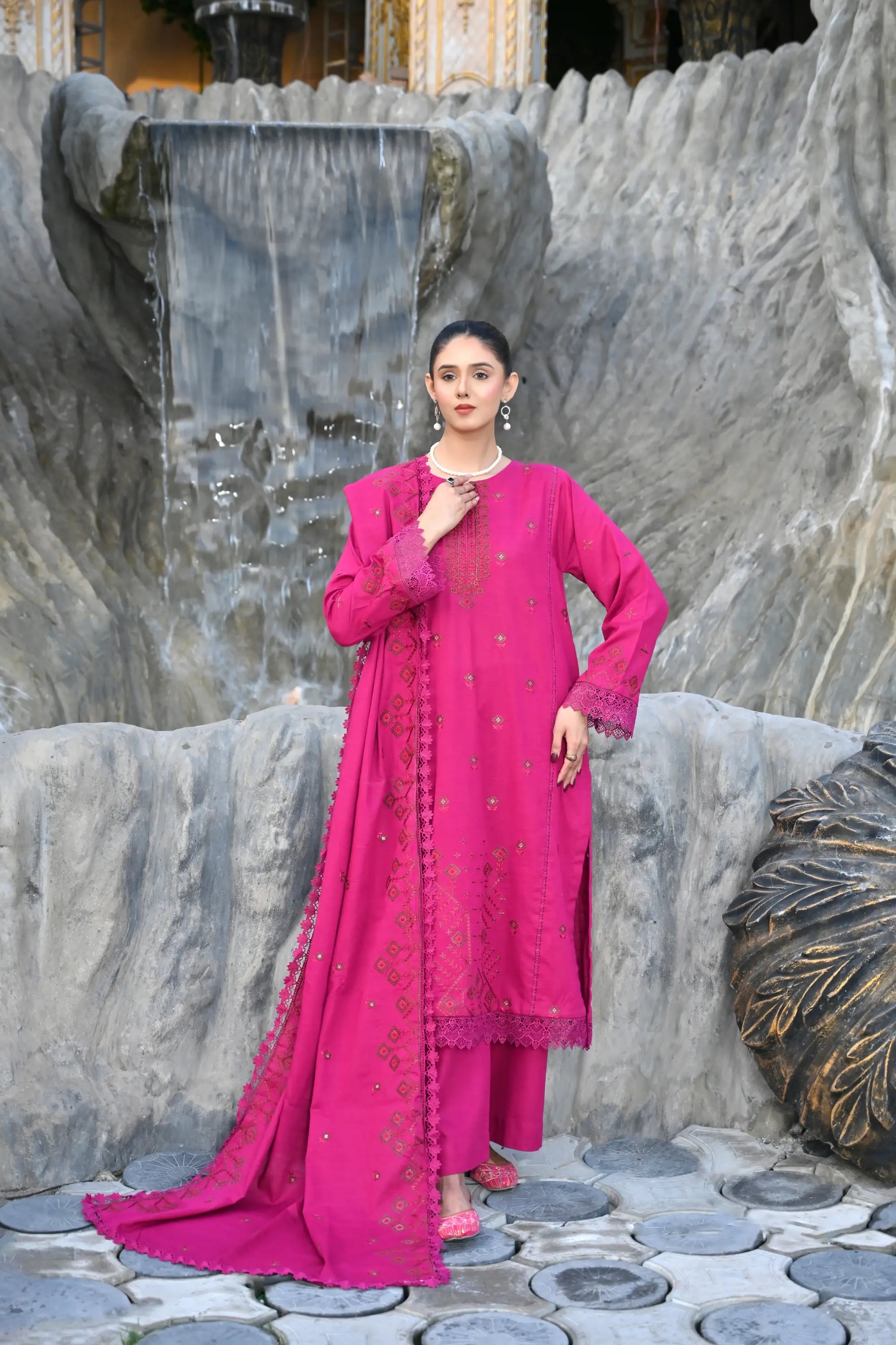 Hot Pink 3-Piece Embroidered Khaddar Suit