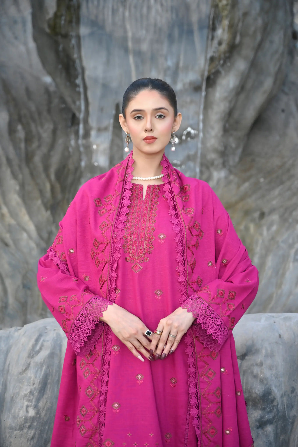 Hot Pink 3-Piece Embroidered Khaddar Suit