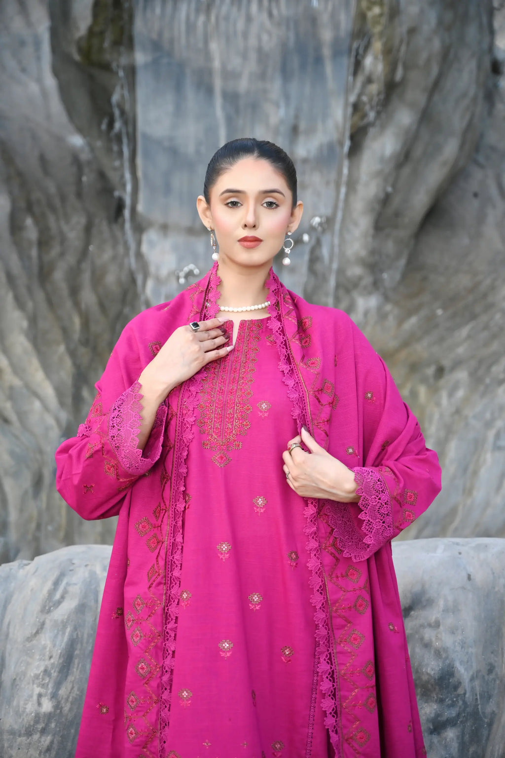 Hot Pink 3-Piece Embroidered Khaddar Suit