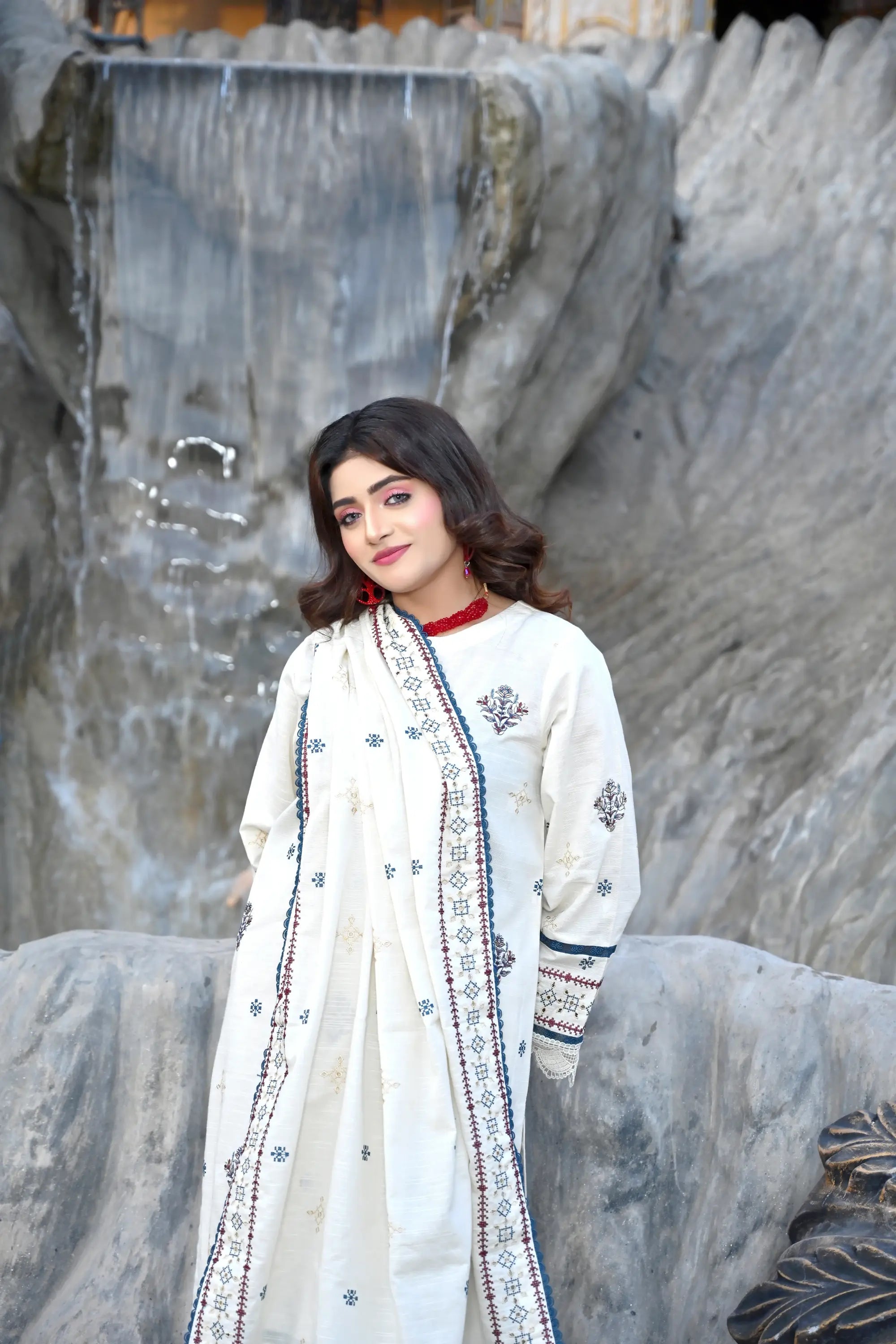 Creamy White 3-Piece Embroidered Khaddar Suit